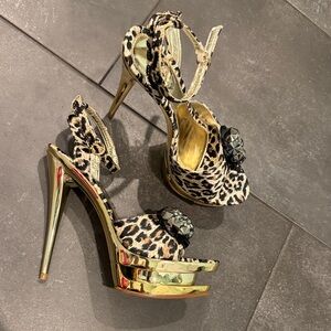 Italina by Summer Rio Leopard Print Stiletto Heels with Gold Accents 6.5